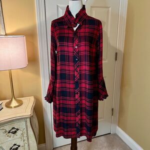 Soft Surroundings Bennington Black Red Plaid Ruffle Shirtdress Shirt Dress PS